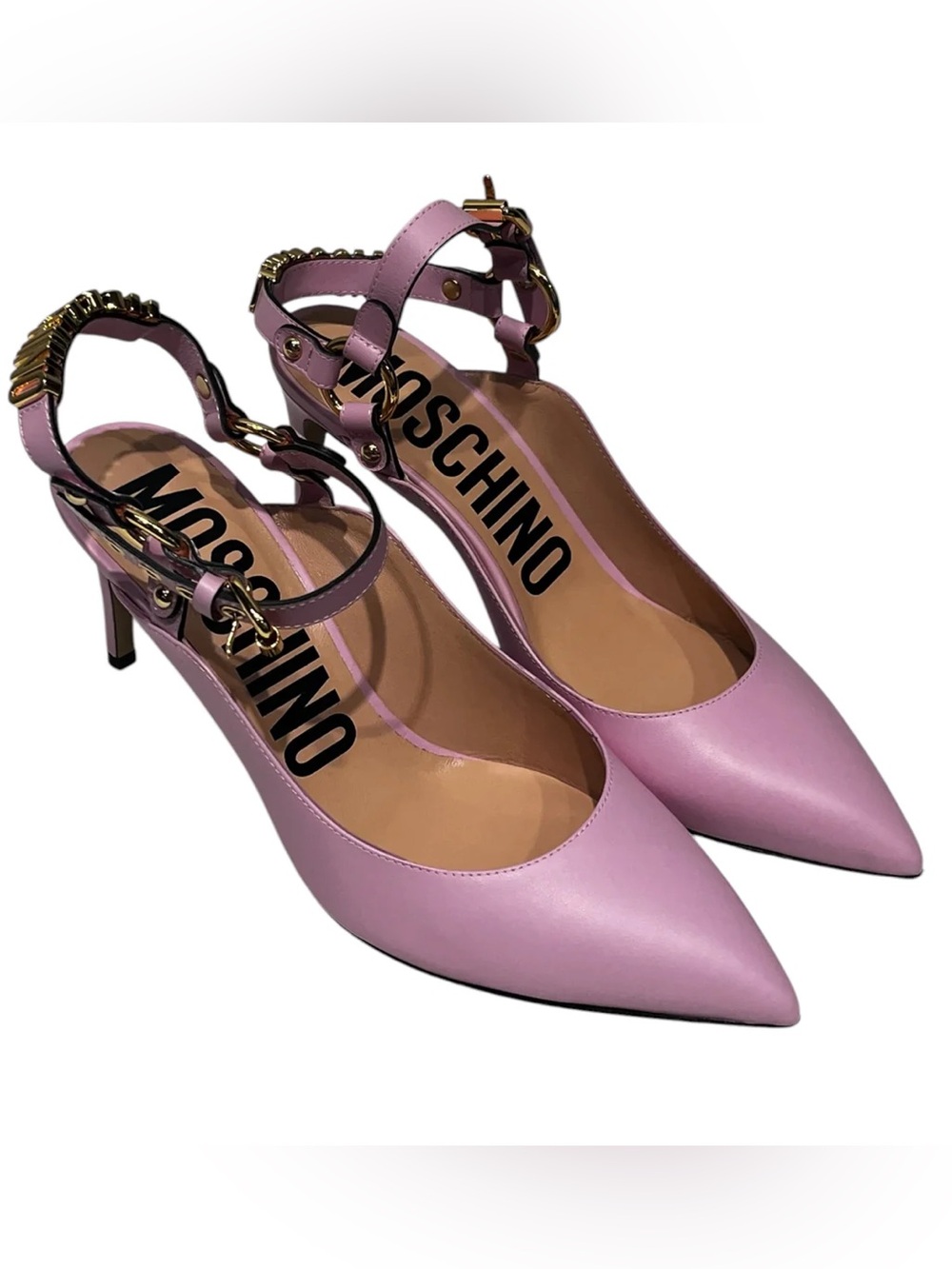 Moschino Lilac Pointed-Toe Slingback Heels with Gold Chain Detail
